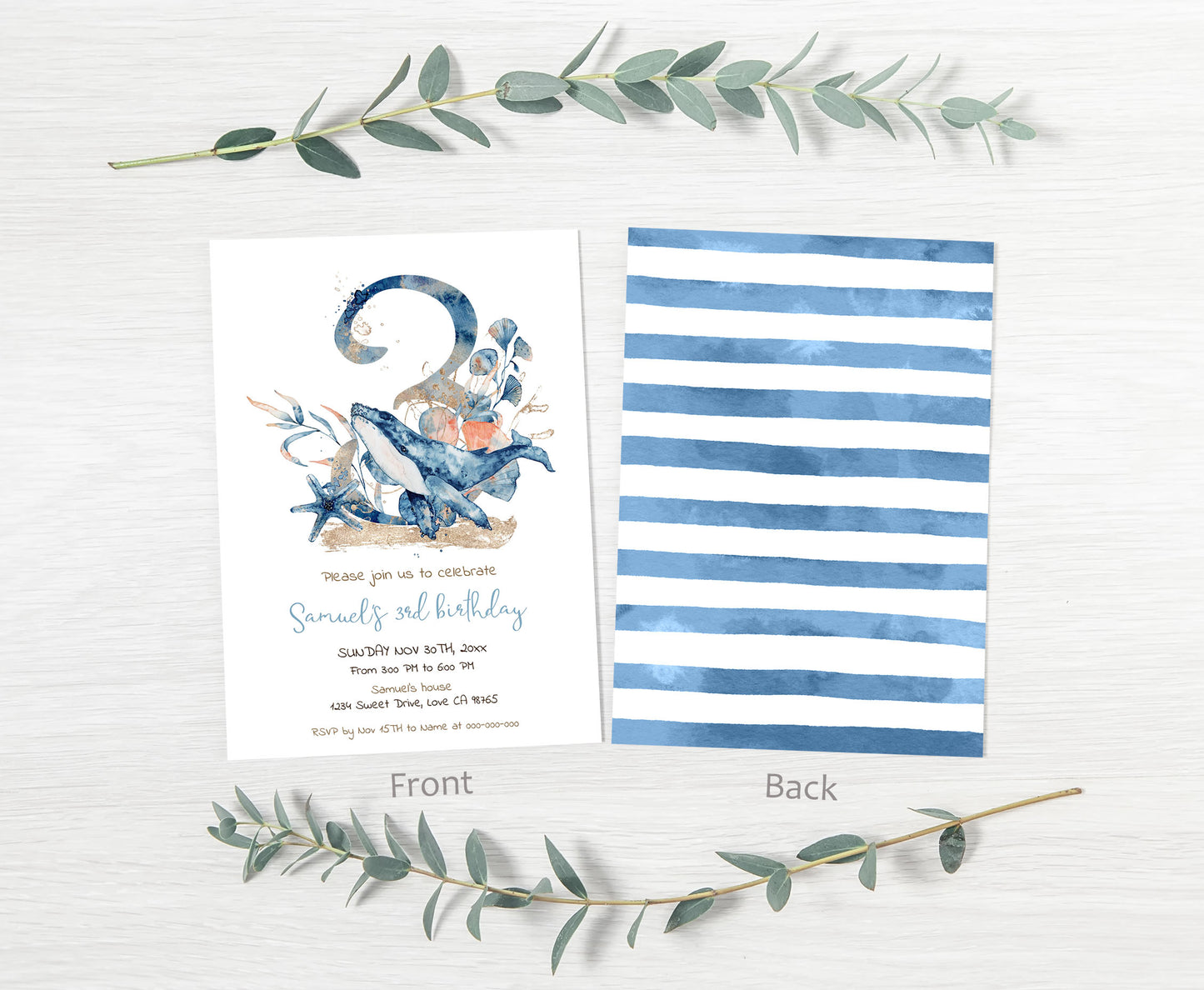 Whale third Birthday Invitation | Editable Under the sear Invite - 44C