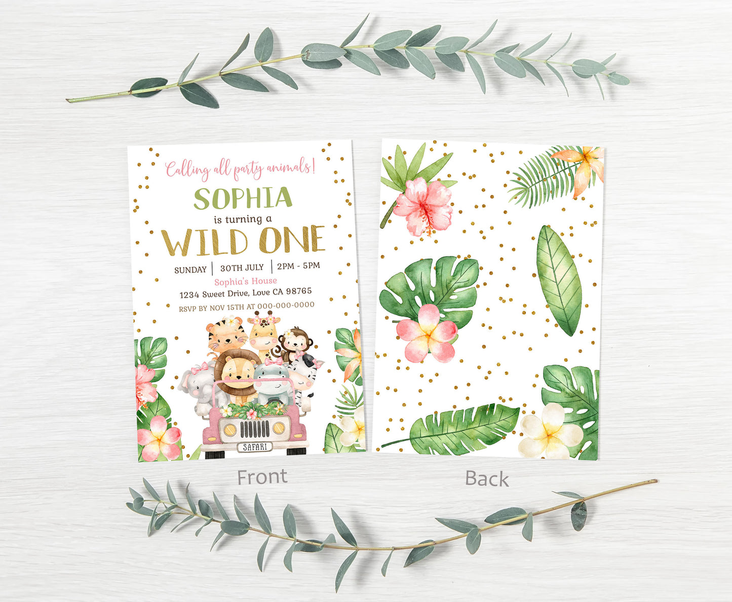 Wild One, Girl Safari Party Animals Invitation | Editable Floral Jungle Birthday Invite - 35E