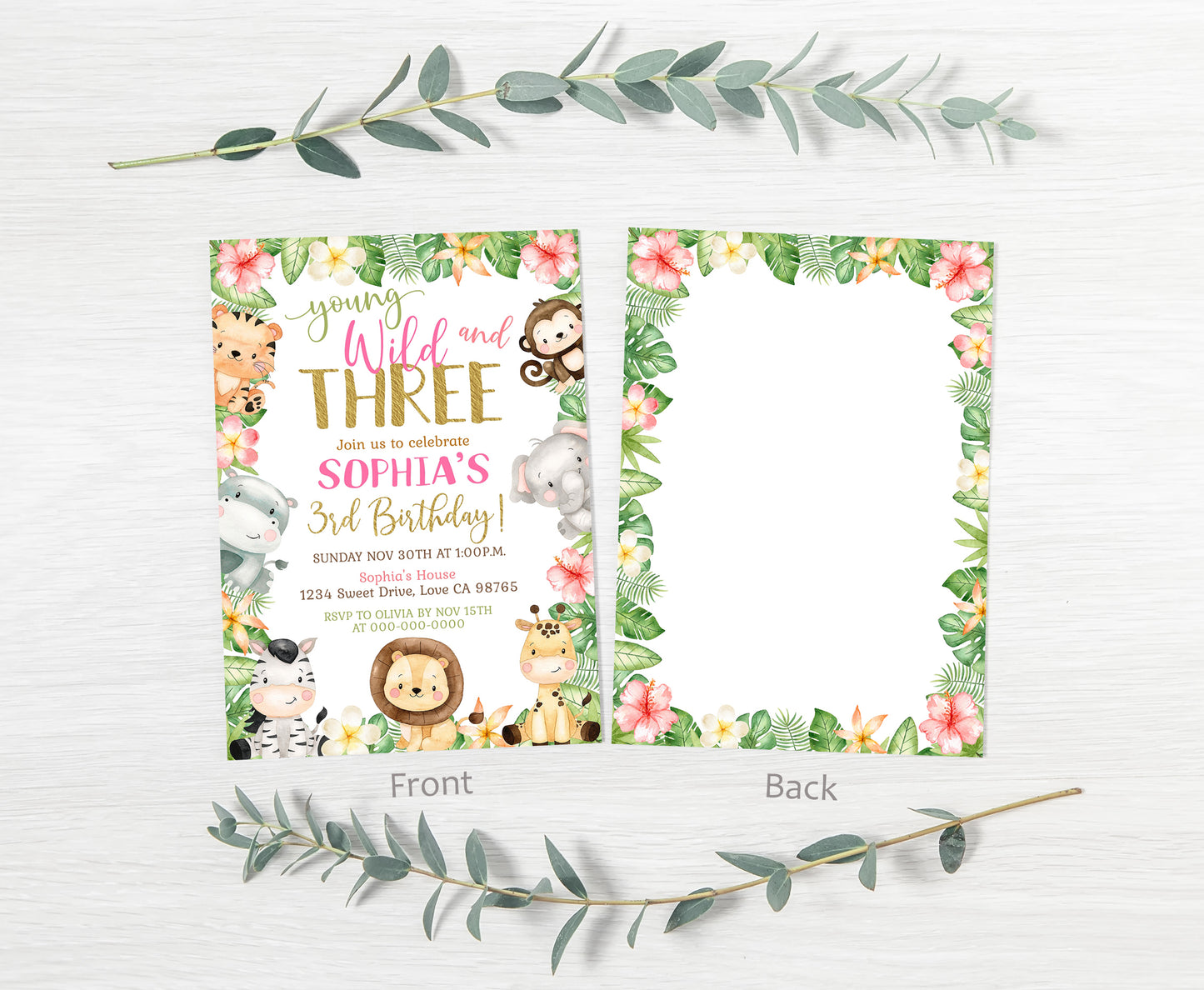 Young Wild and Three Invitation | Editable Girl Safari Birthday Party Invite - 35E