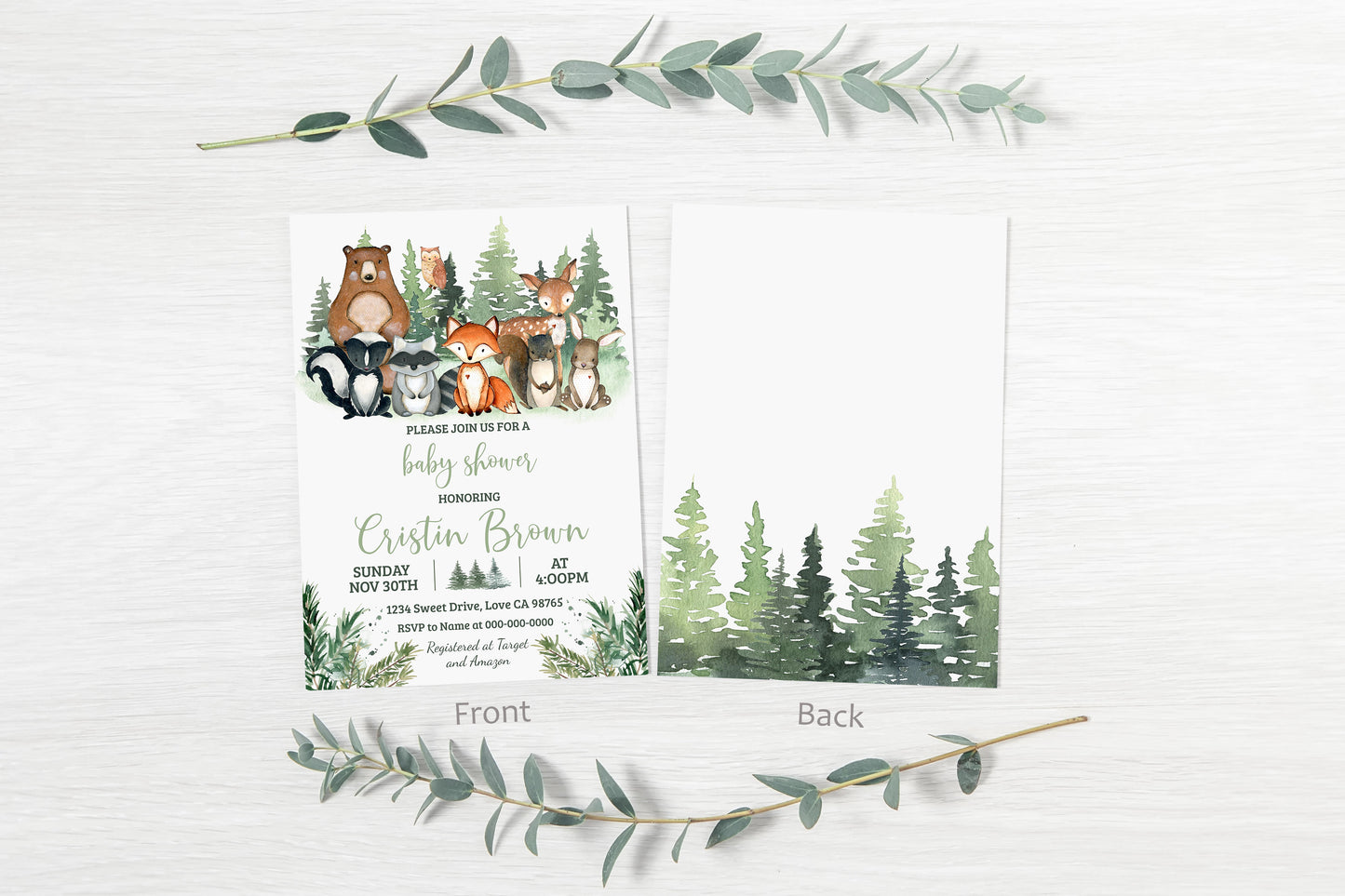 Forest Baby Shower Invitation | Editable Woodland Animals Baby Shower Invite - 47J2