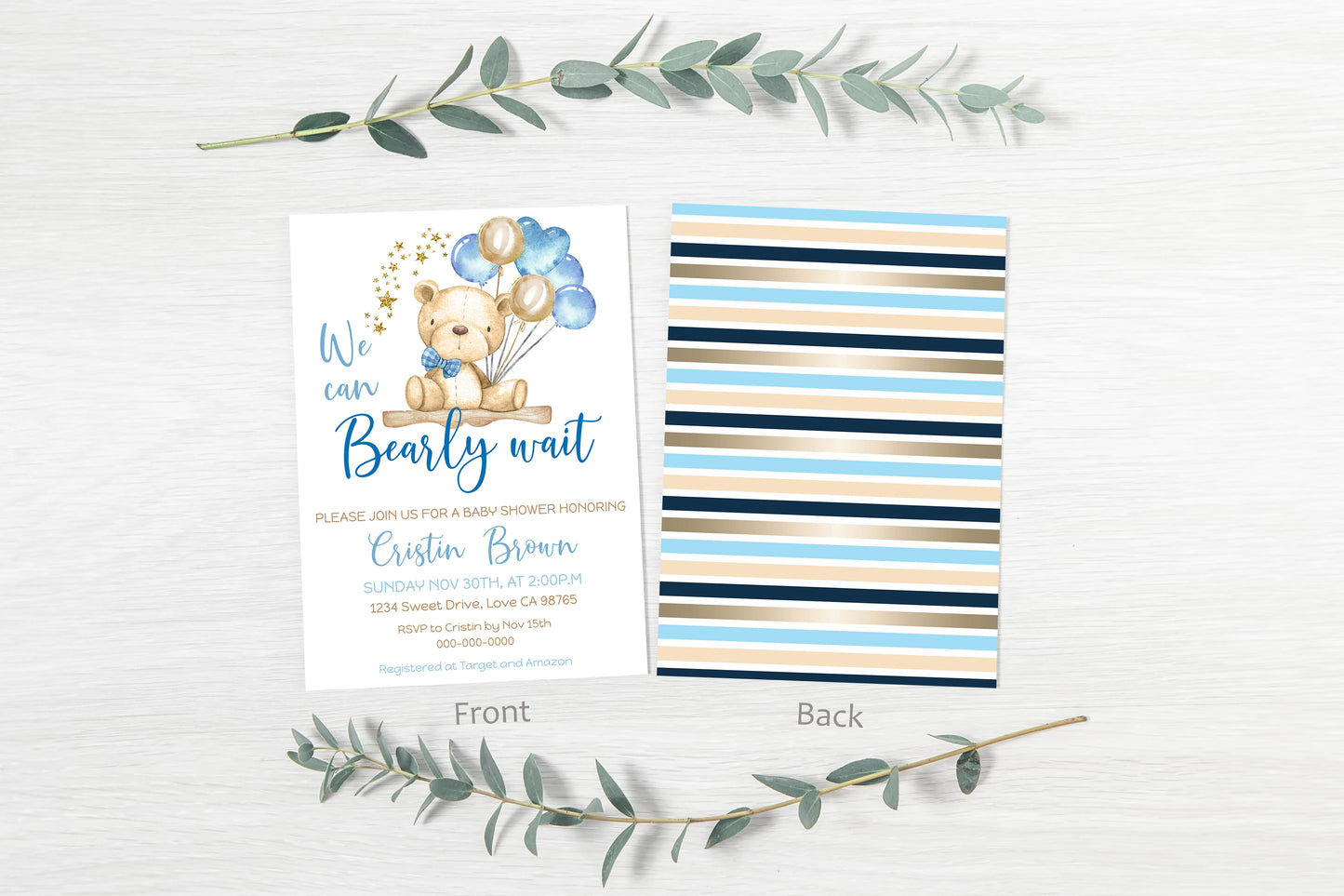 Gold and Blue Teddy Bear Baby Shower Invitation - 76A