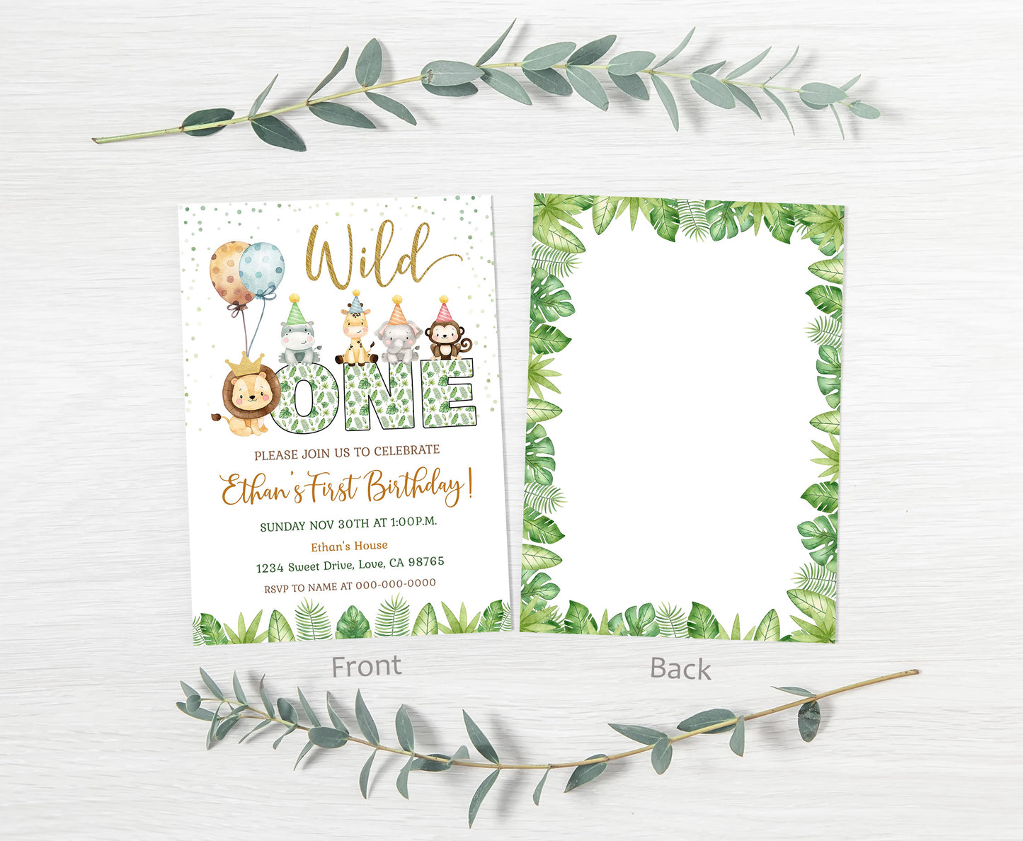 ONE Safari Birthday Invitation | Jungle Themed Party Invite - 35E