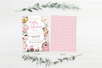 Floral Farm Animals Baby Shower Invitation | Barnyard Girl Baby Shower Invite - 11A