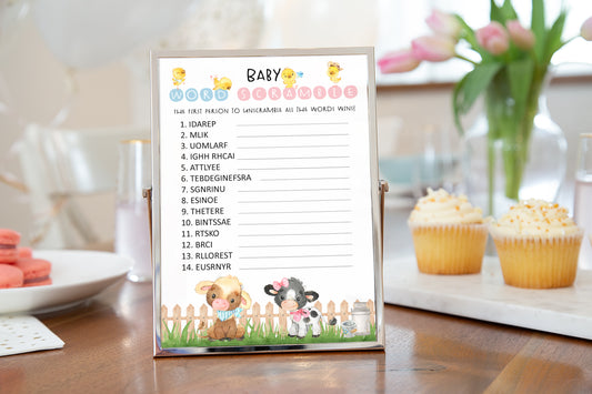 Farm Gender Reveal Game | Barnyard Baby Word Scramble Printable - 11C3