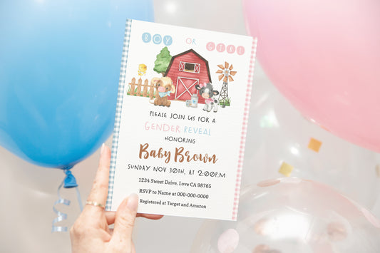 Farm Boy or Girl Editable Invitation | Banyard Gender Reveal - 11C3