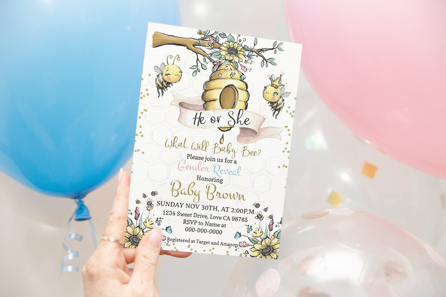 Bee He or She Editable Invitation | Honeycomb Gender Reveal 61A