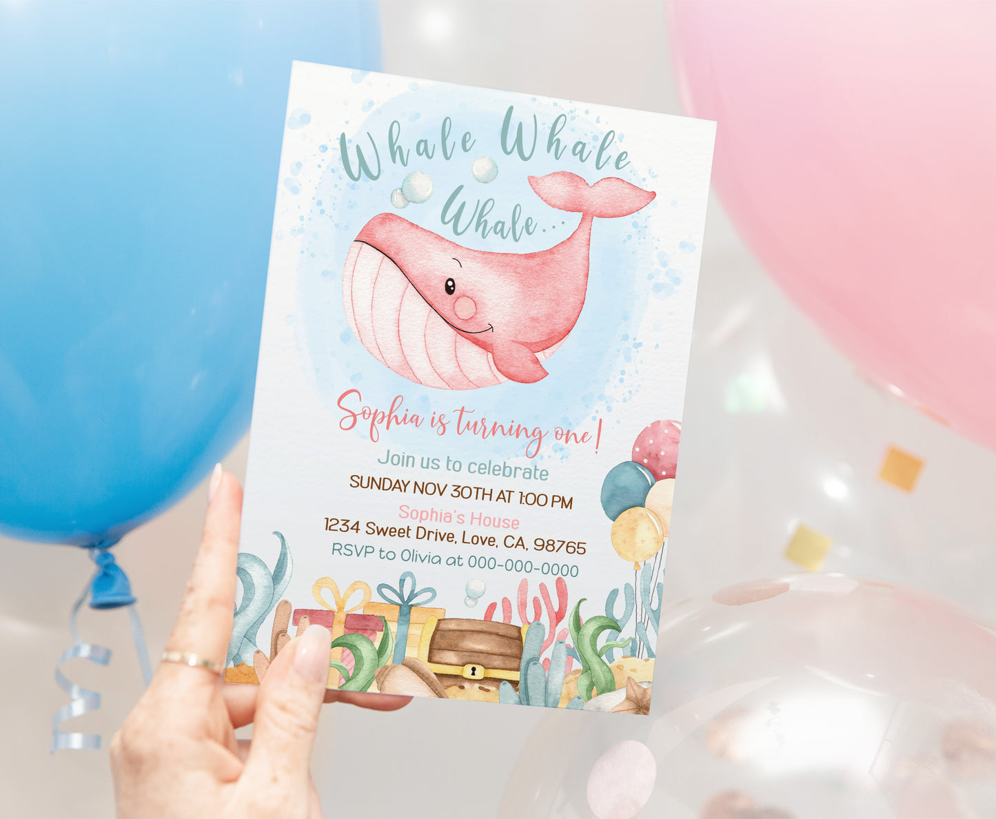 Editable Girl Under The Sea Birthday Invitation | Whale Party Invite - 44A