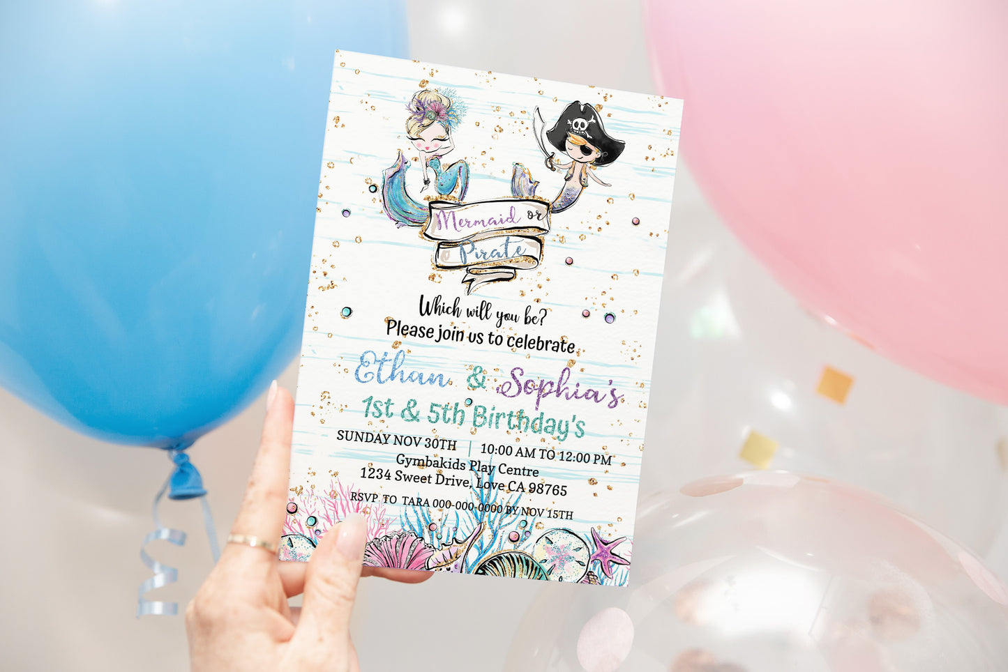 Mermaid and Pirate Party Invitation | EDITABLE Twins Birthday Invite - 20A1