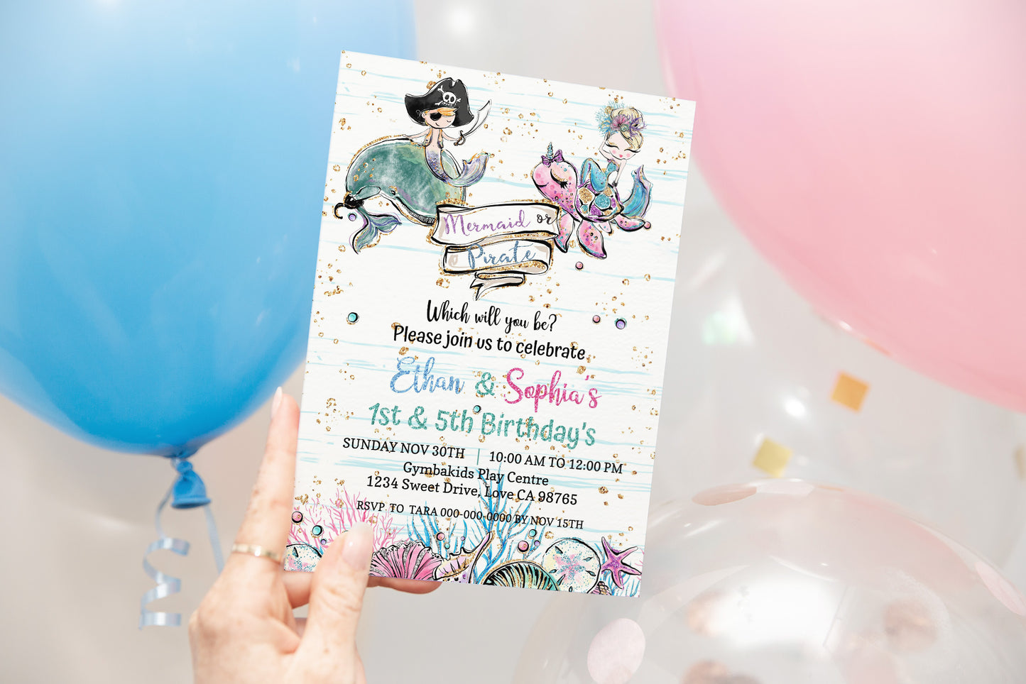 Pirate and Mermaid Party Invitation | EDITABLE Twins Birthday Invite - 20A1