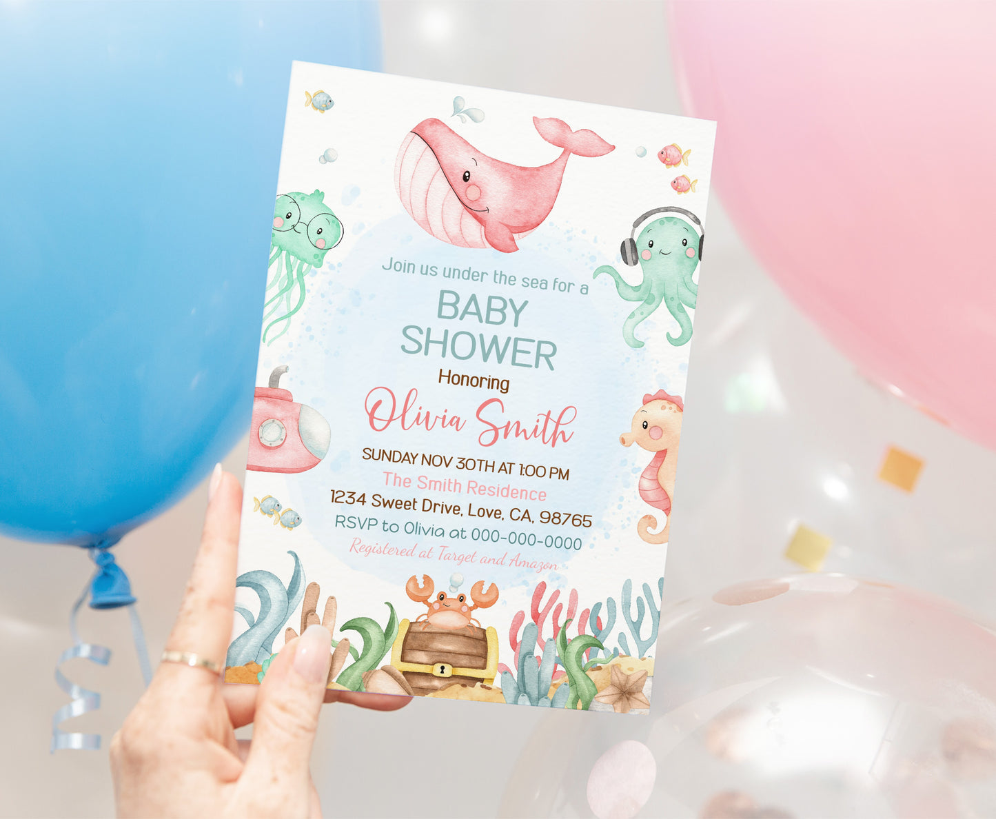 Editable Girl Under the Sea Baby Shower Invitation | Ocean shower Invite - 44A