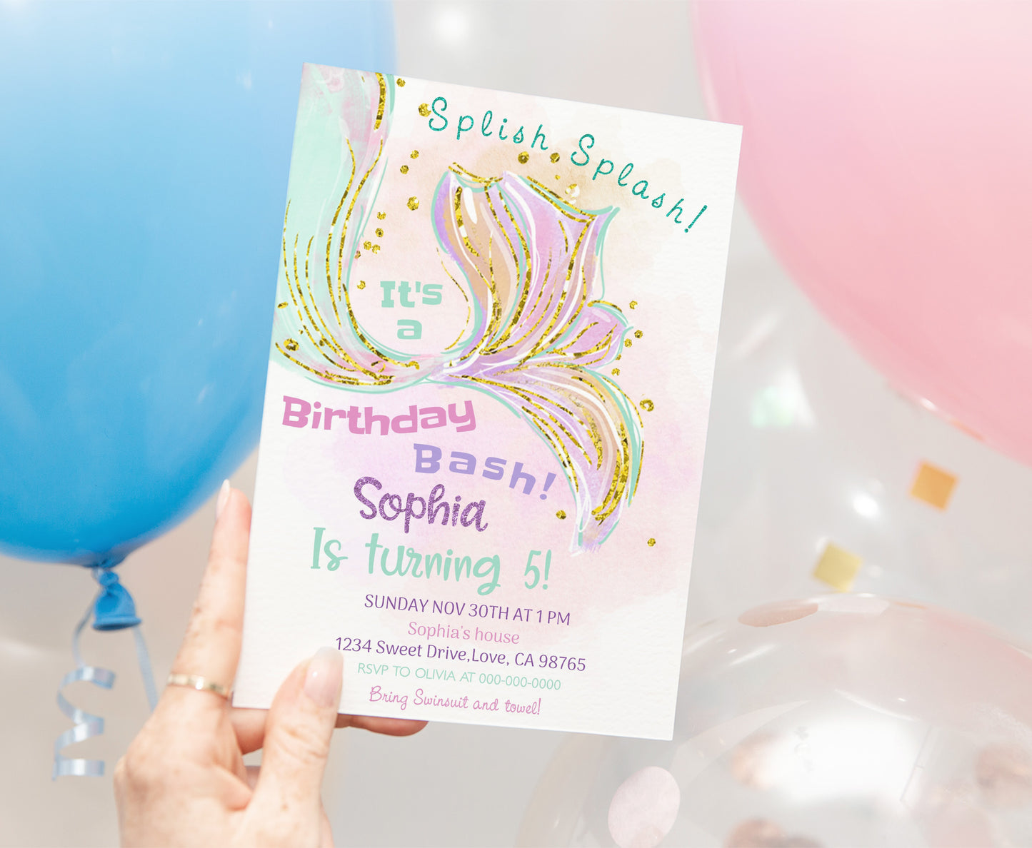 Editable Mermaid Birthday Invitation | Girl Under The Sea Party Invite - 20E