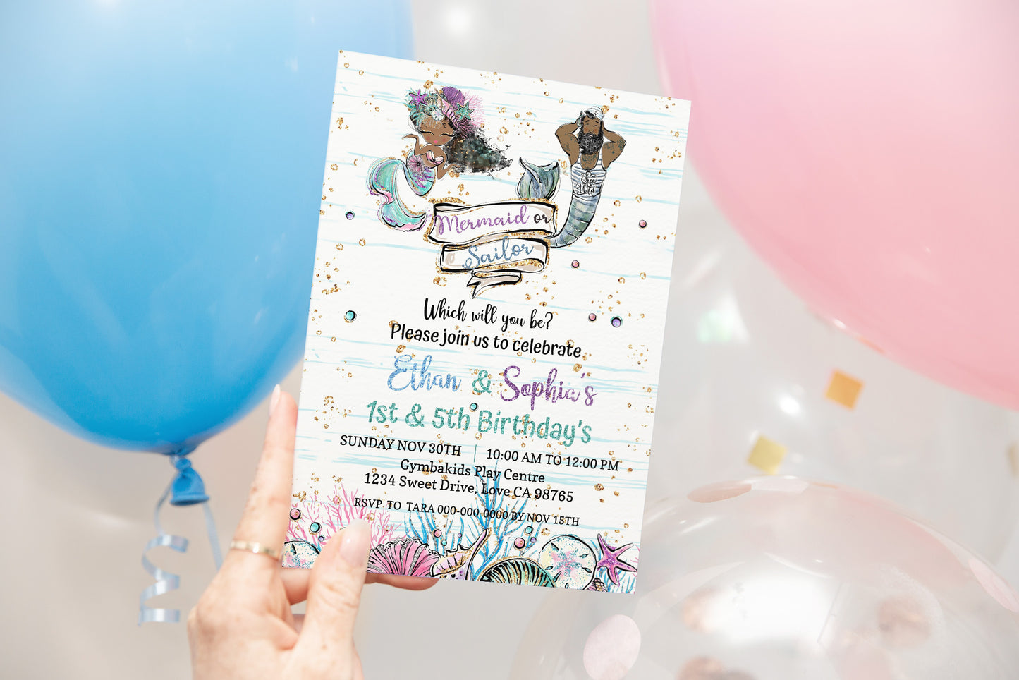 Mermaid or Sailor Party Invitation | EDITABLE Twins Birthday Invite - 20C1