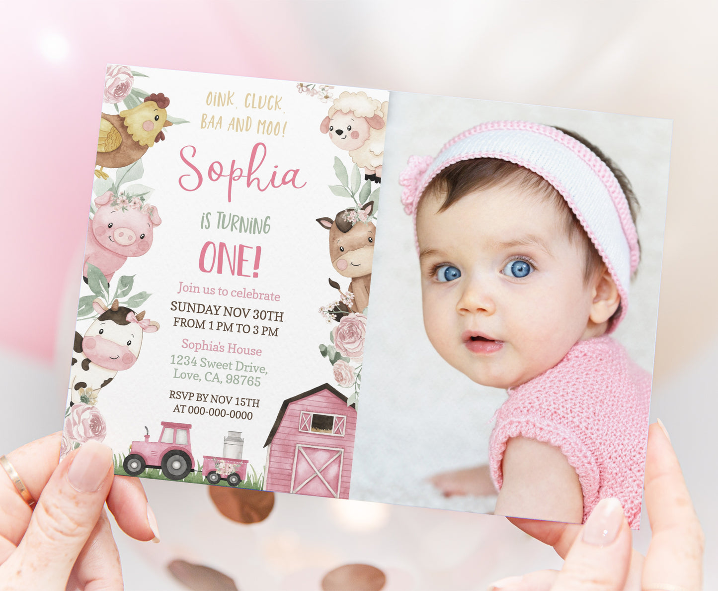 Editable Girl Farm Photo Invitation | Pink Barnyard Birthday Invite - 11A