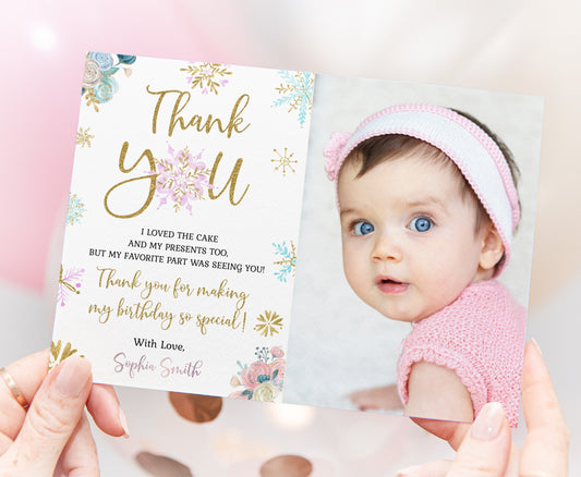 Winter Photo Thank You Card | Editable Snowflake Birthday Thank You Note - 46A