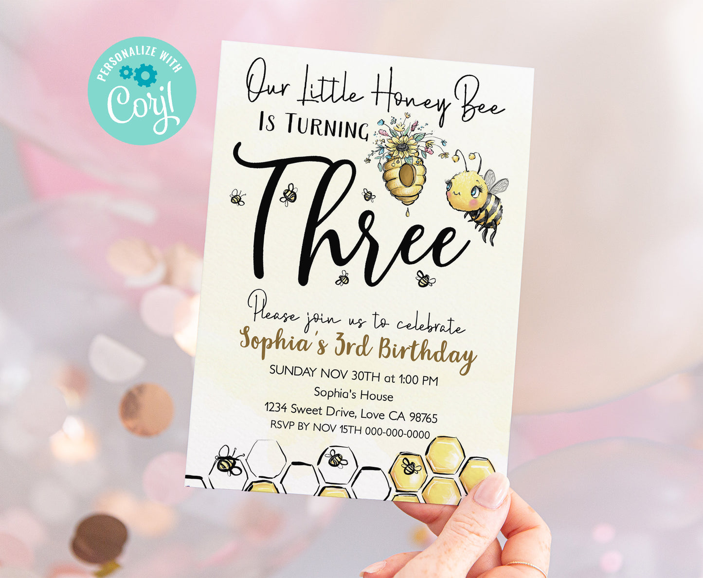 Our Little Honey Bee is Turning Three | Bee 3rd Birthday Party Invite - 61A