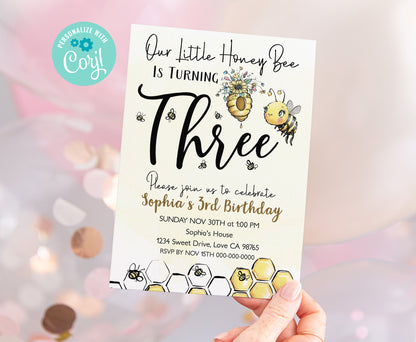 Our Little Honey Bee is Turning Three | Bee 3rd Birthday Party Invite - 61A