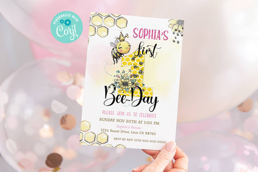 Bee First Birthday Invitation | EDITABLE 1st Bee Day Party Invite - 61A