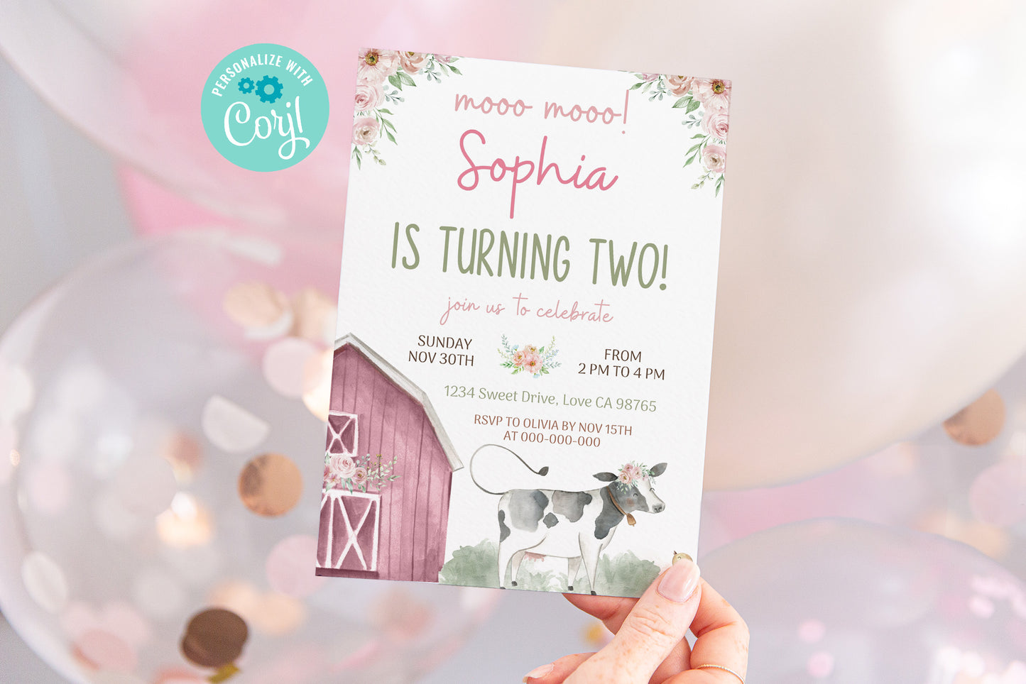 Floral Cow Birthday Invitation | Editable Girl Farm Birthday invite - 11B