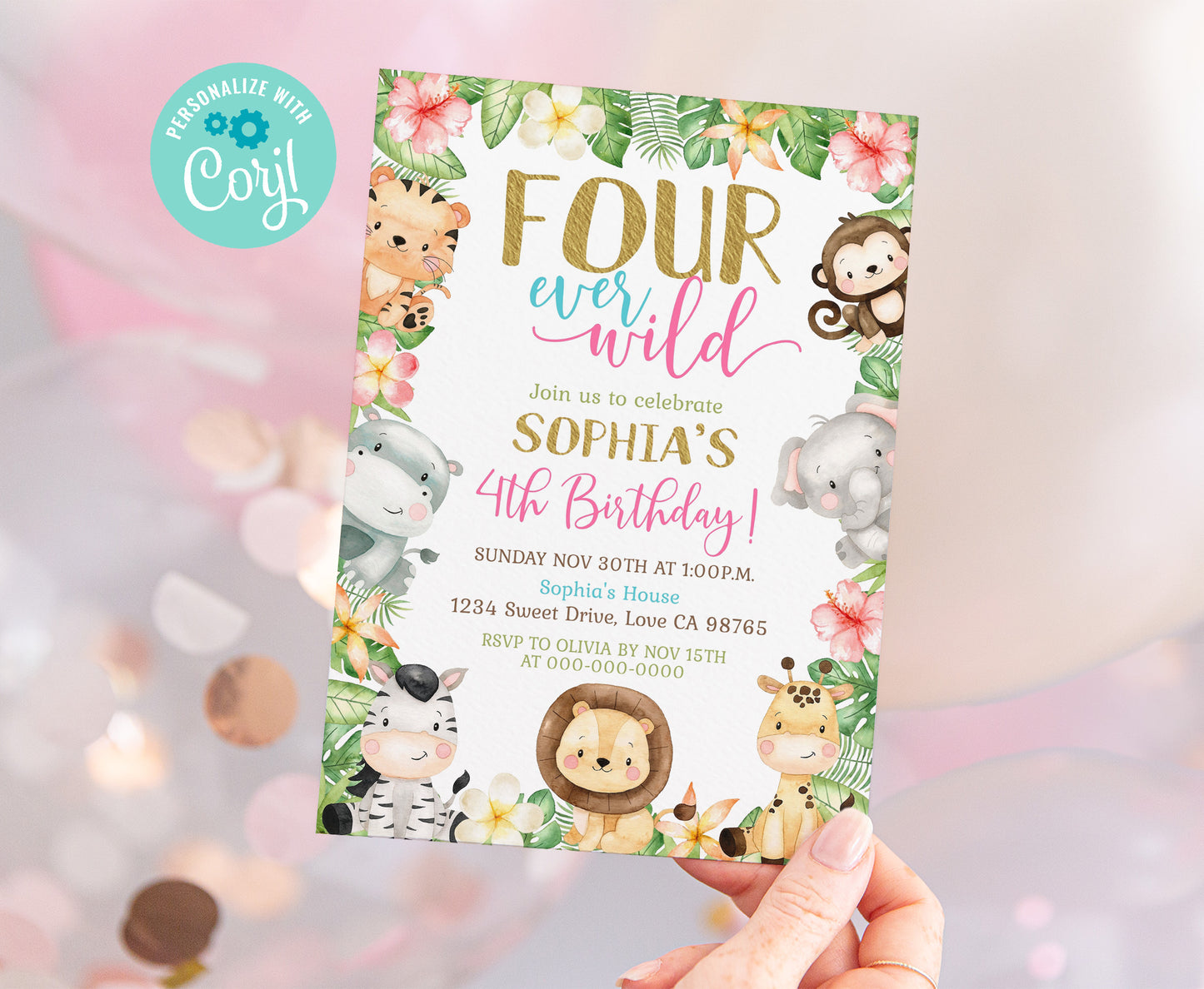 Four ever wild Birthday Invitation | Editable Girl Safari Party Invite - 35E