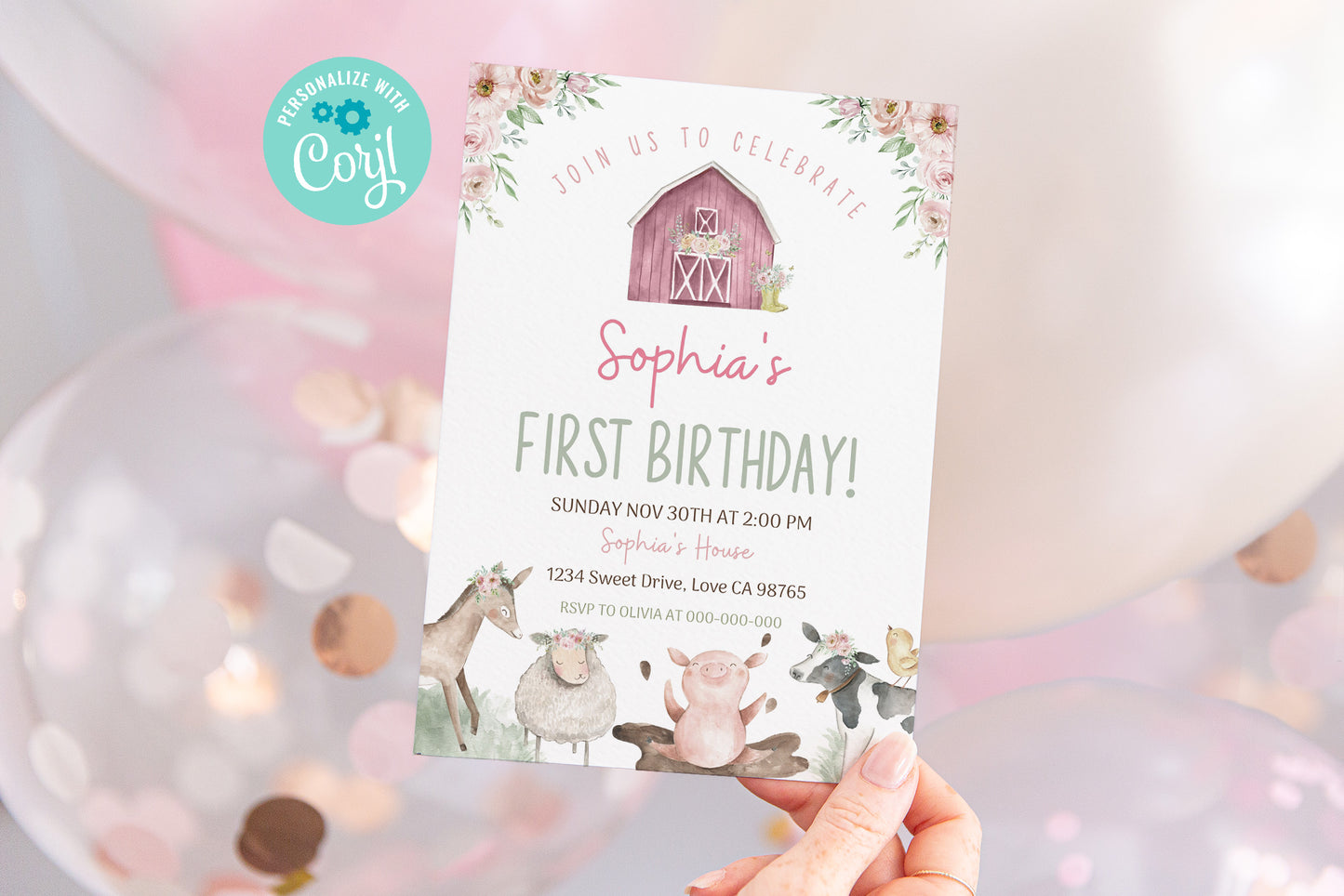 Pink Farm Animals Birthday Invitation | Girl Barnyard Party Invite - 11B