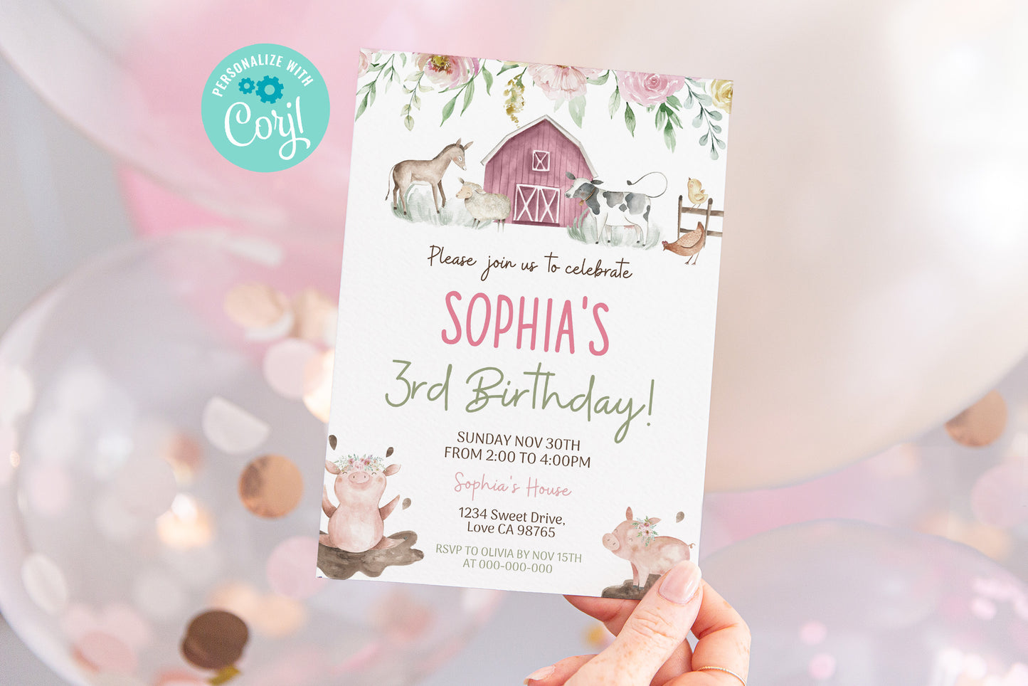 Floral Farm Birthday Invitation | Editable Girl Barnyard Bash Invite - 11B