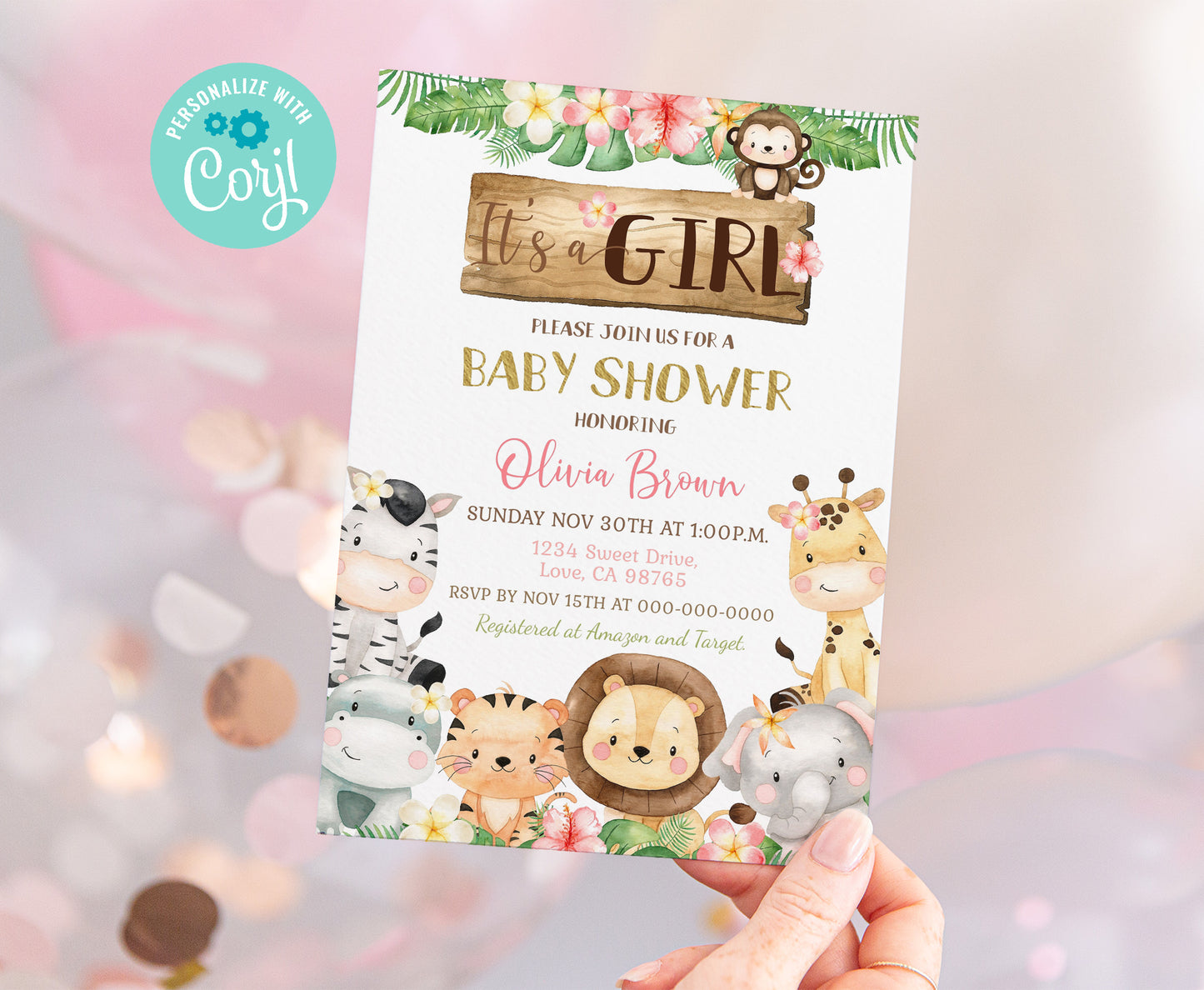 Floral Safari Baby Shower Invitation | Editable Jungle It's a Girl Baby Shower Invite - 35E