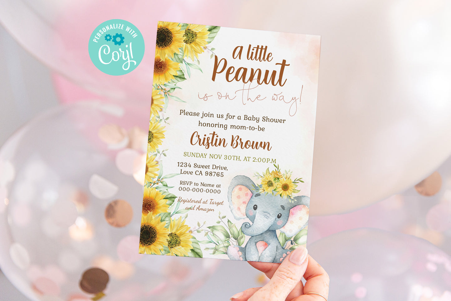 Sunflower Elephant Baby Shower Invitation | Floral Girl Baby Shower Invite - 63B