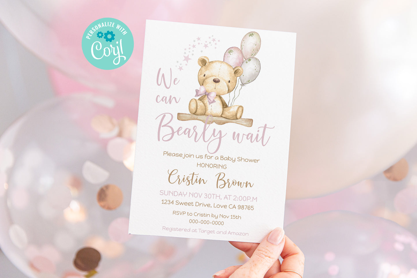 Pink Teddy Bear baby shower invitation | Editable Girl Baby Shower Invite - 76A