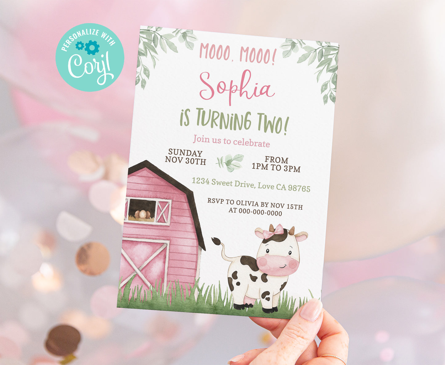 Girl Cow Birthday Party Invitation | Editable Farm Birthday Invite - 11A