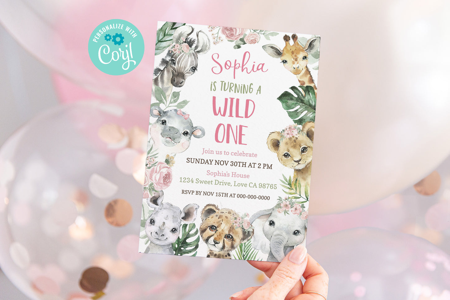 Floral Safari Animals Birthday Invitation | Editable Girl Jungle Party Invite - 35A