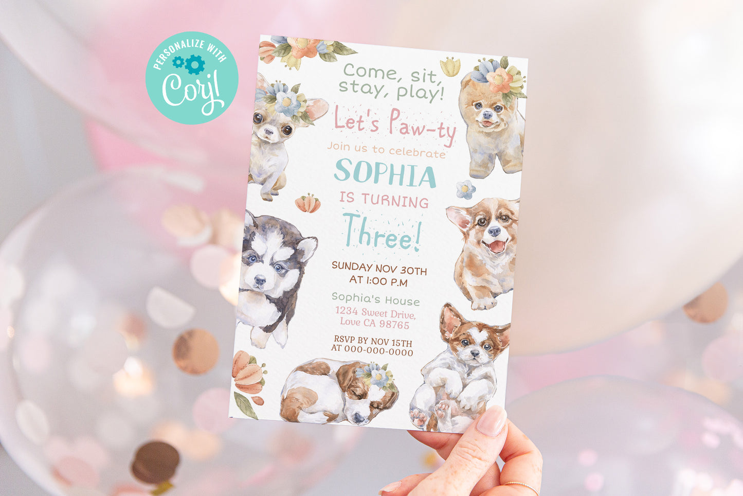 Girl Dog Birthday Invitation | Puppy Party Invite - 72A