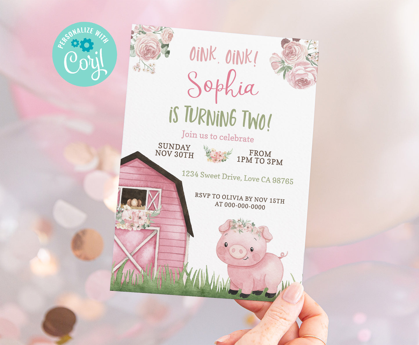 Pig Girl Birthday Invitation | Editable Floral Farm Party Invite - 11A