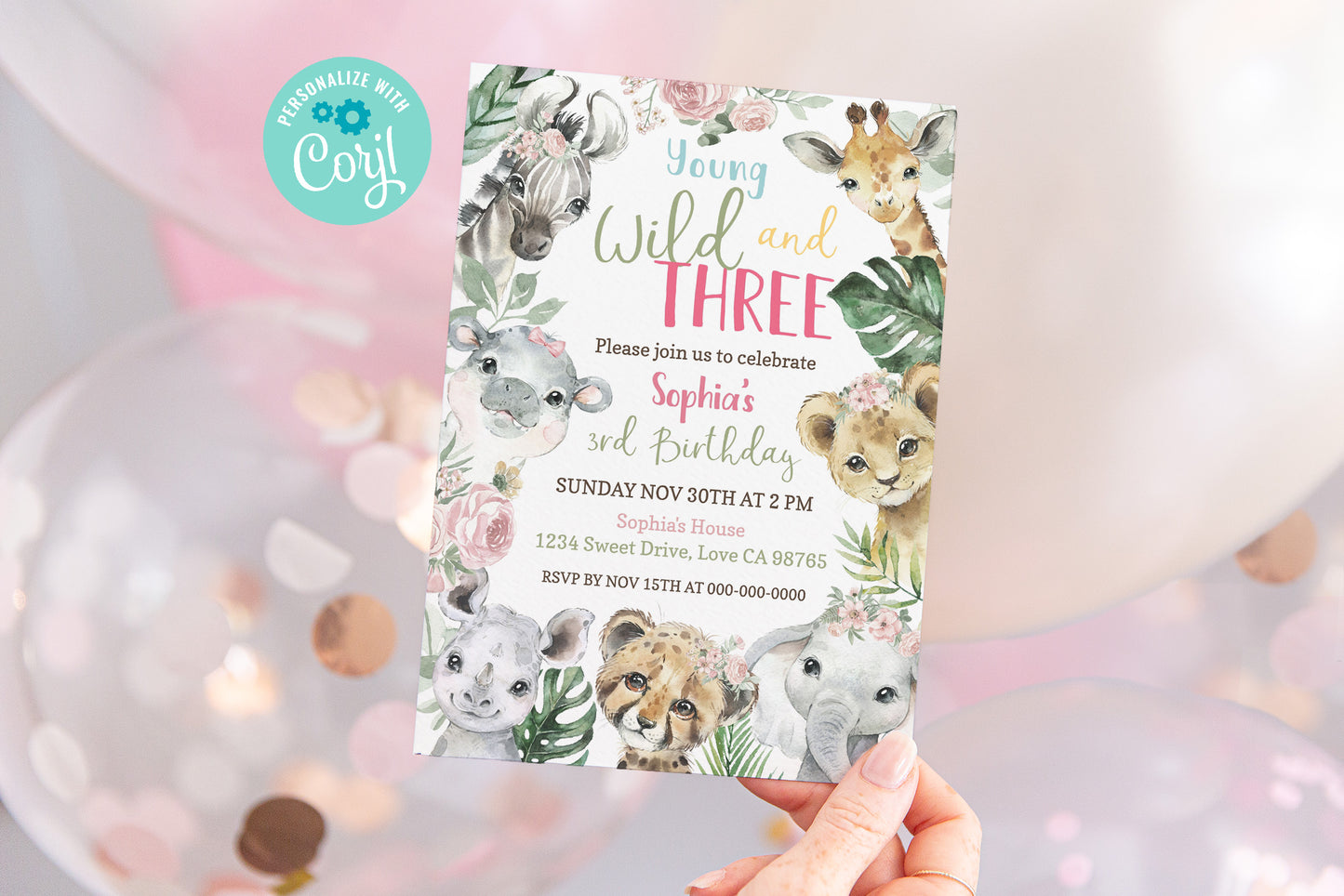 Young Wild and Three Invitation Girl | Floral Safari 3rd Birthday Party Invite - 35A