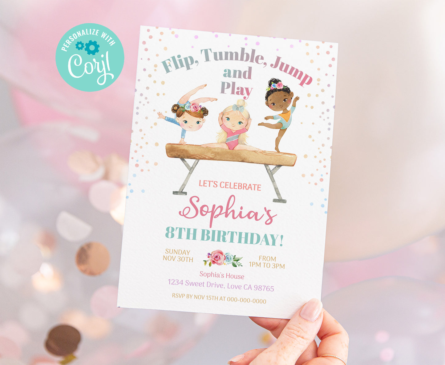 Floral Gymnastic Birthday Invitation Girl | Gymnastic Party Invite - 99A