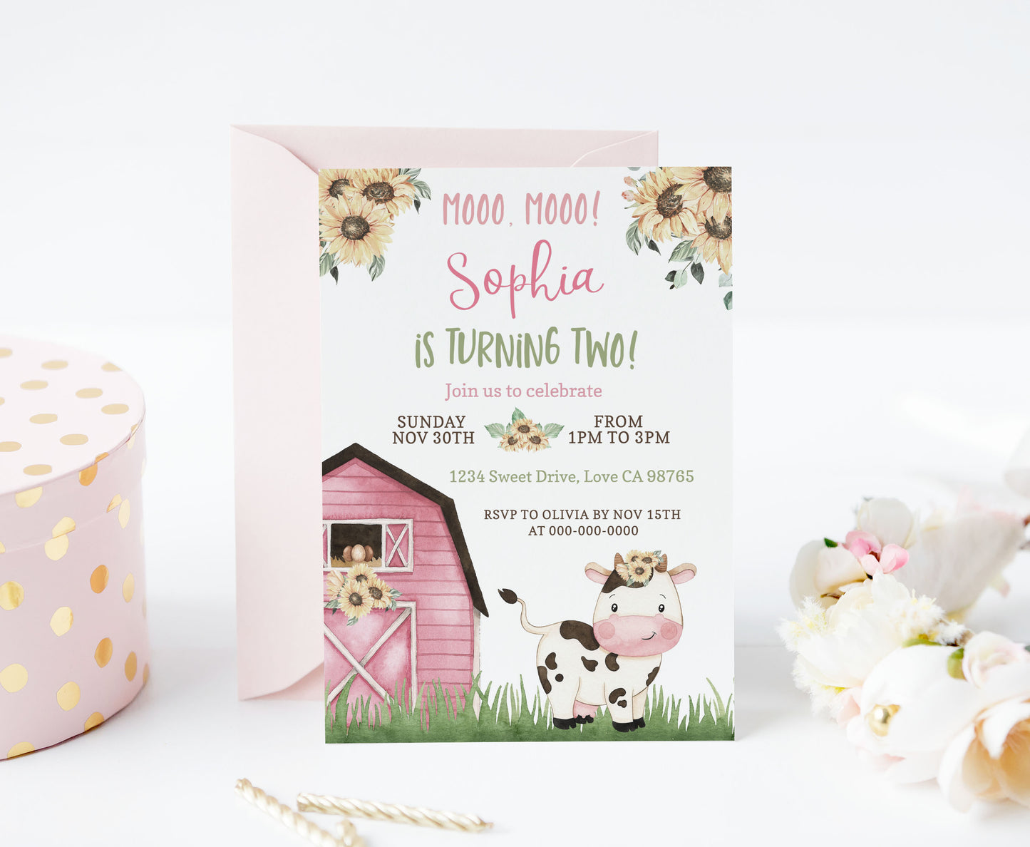 Sunflower Cow Girl Birthday Invitation | Editable Floral Farm Party Invite - 11G