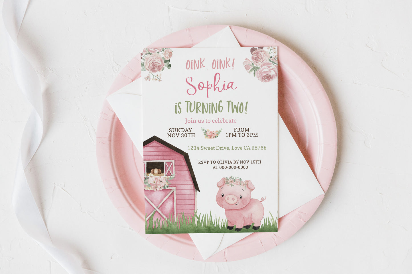 Pig Girl Birthday Invitation | Editable Floral Farm Party Invite - 11A