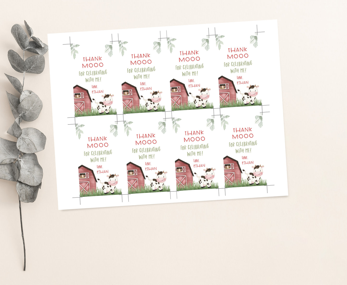 Cow Thank You Tags | Farm Birthday Party Printable - 11A