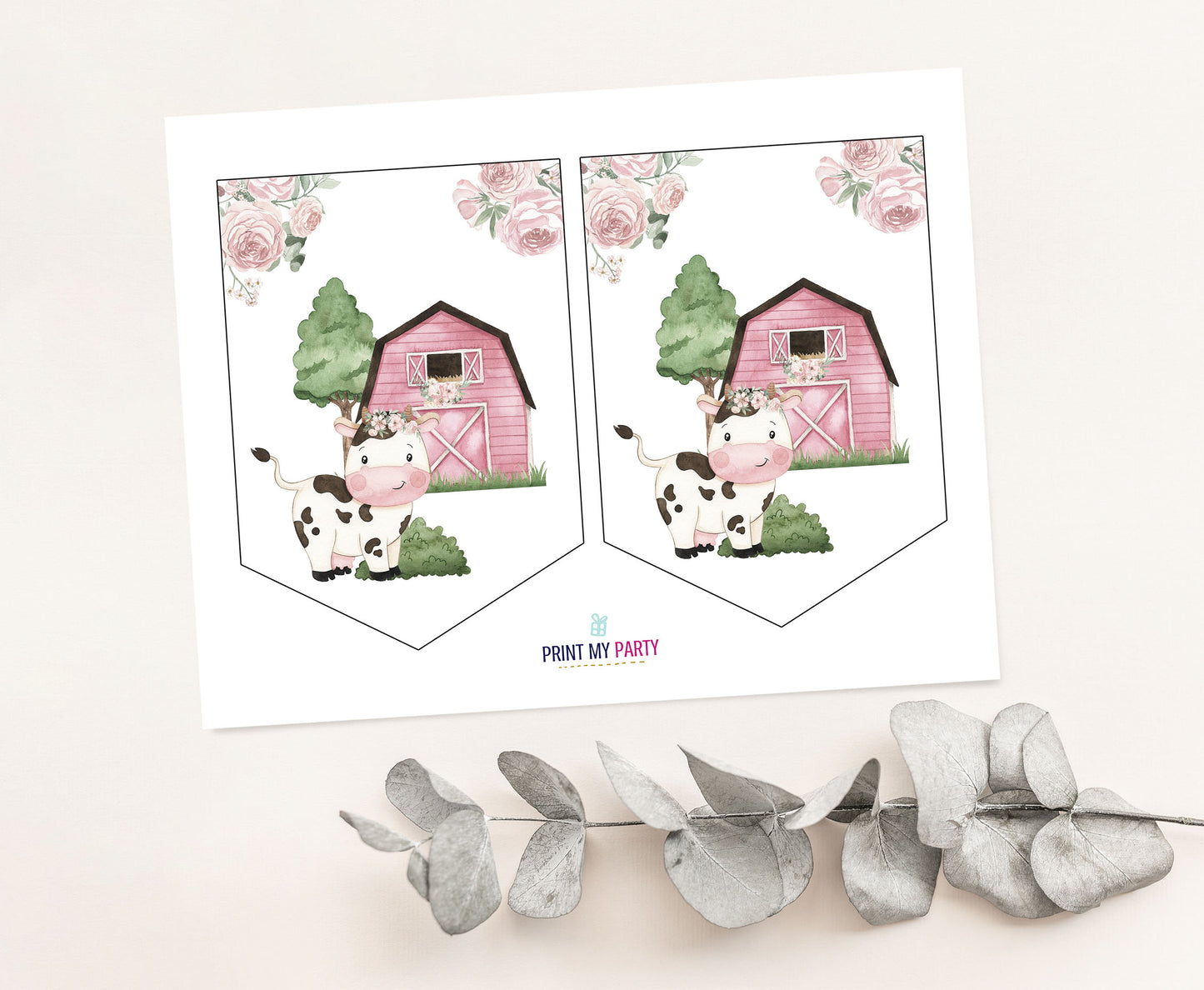Editable Girl Cow Banner | Floral Farm Party Decorations - 11A