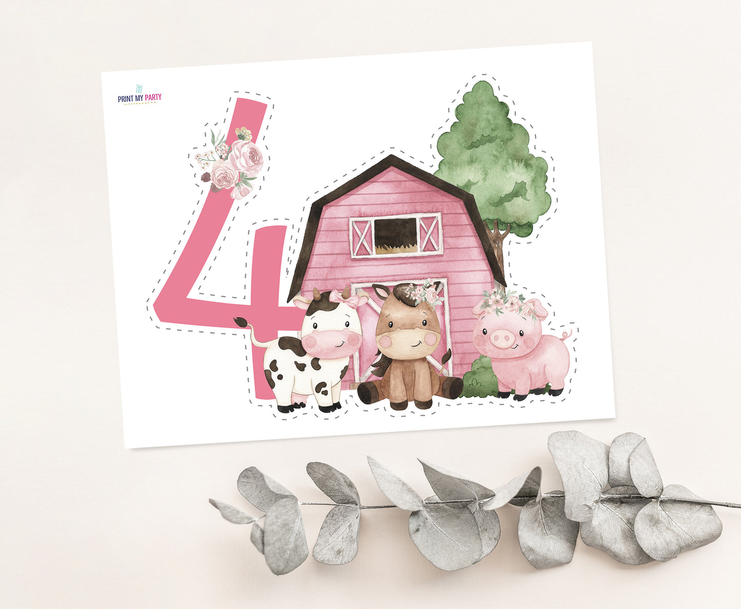 Girl Farm Cake topper 4 | Pink Barnyard Fourth Birthday Party Decorations - 11A