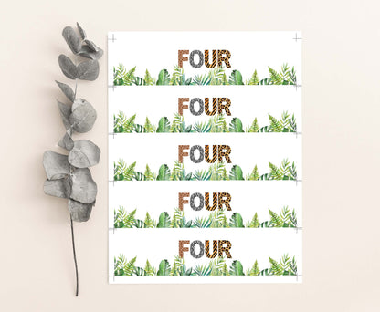 Four Safari Water Bottle Labels Animal Print | Jungle 4th Birthday Party Decorations - 35H