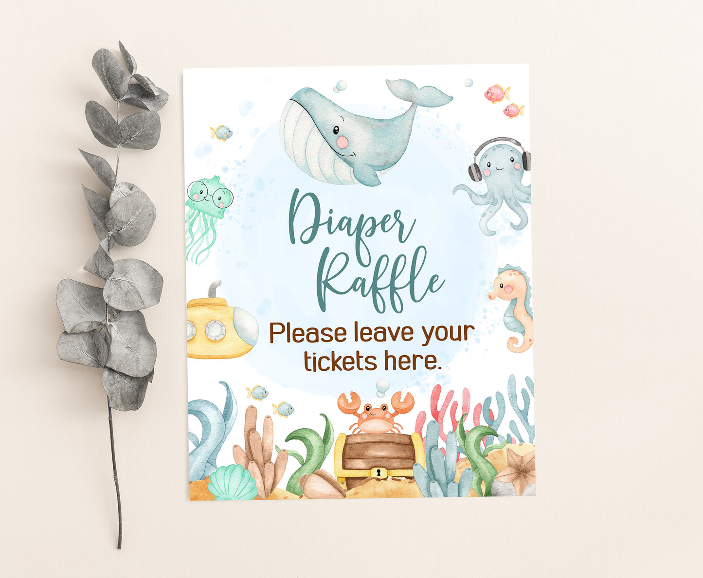 Under The Sea Diaper Raffle Sign and Ticket Card | Ocean Baby Shower Game Printable - 44A