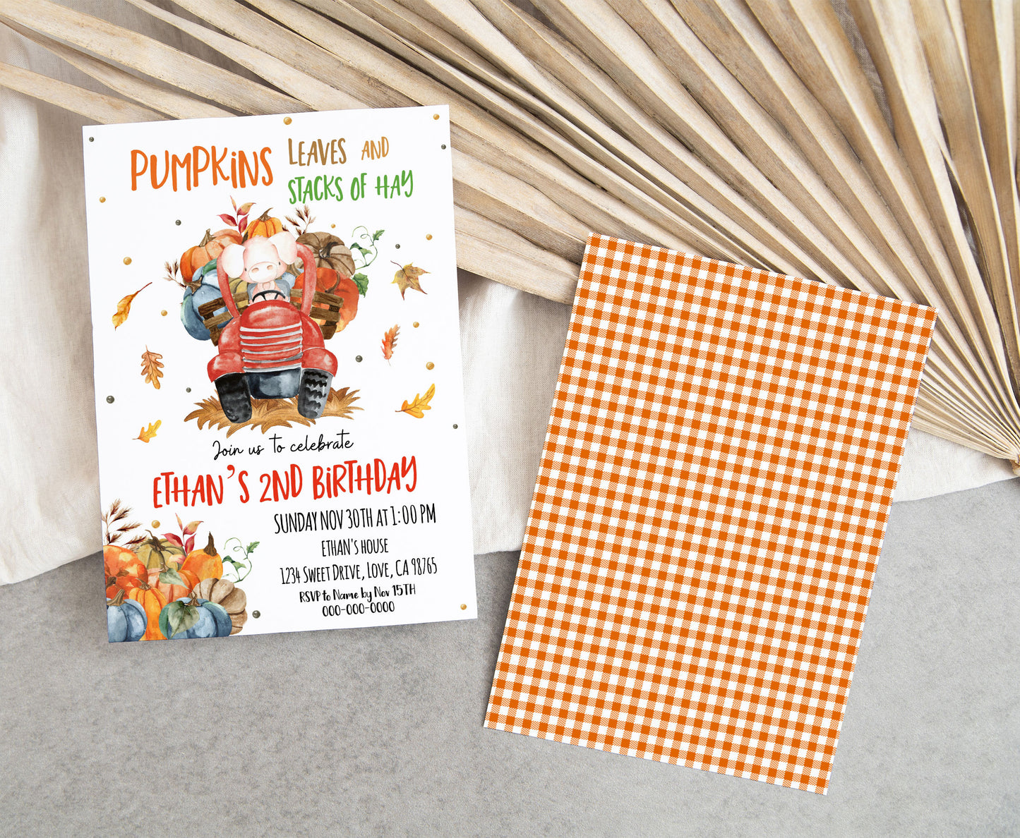 Pumpkins leaves and stacks of hay Invitation | Editable Pumpkin Truck Invite - 30L