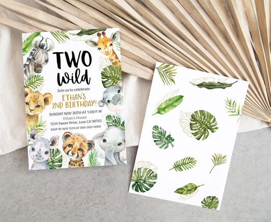 Two Wild Safari Invitation | Editable Jungle Animals 2nd Birthday Invite - 35A