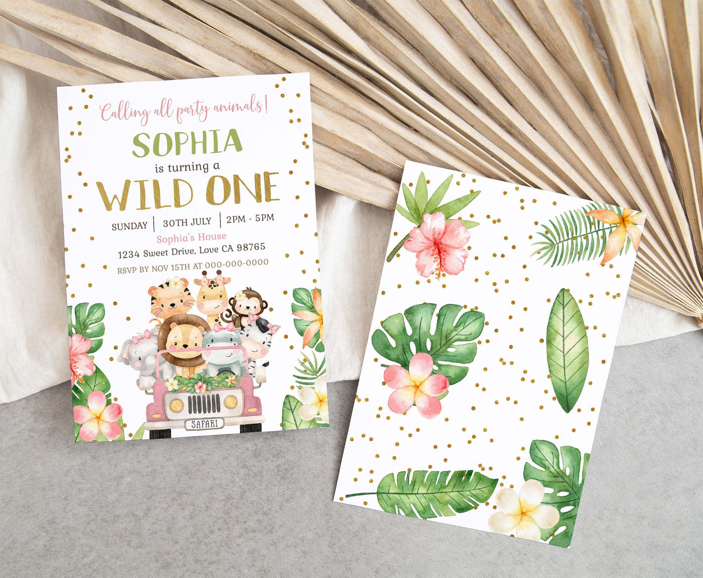 Wild One, Girl Safari Party Animals Invitation | Editable Floral Jungle Birthday Invite - 35E