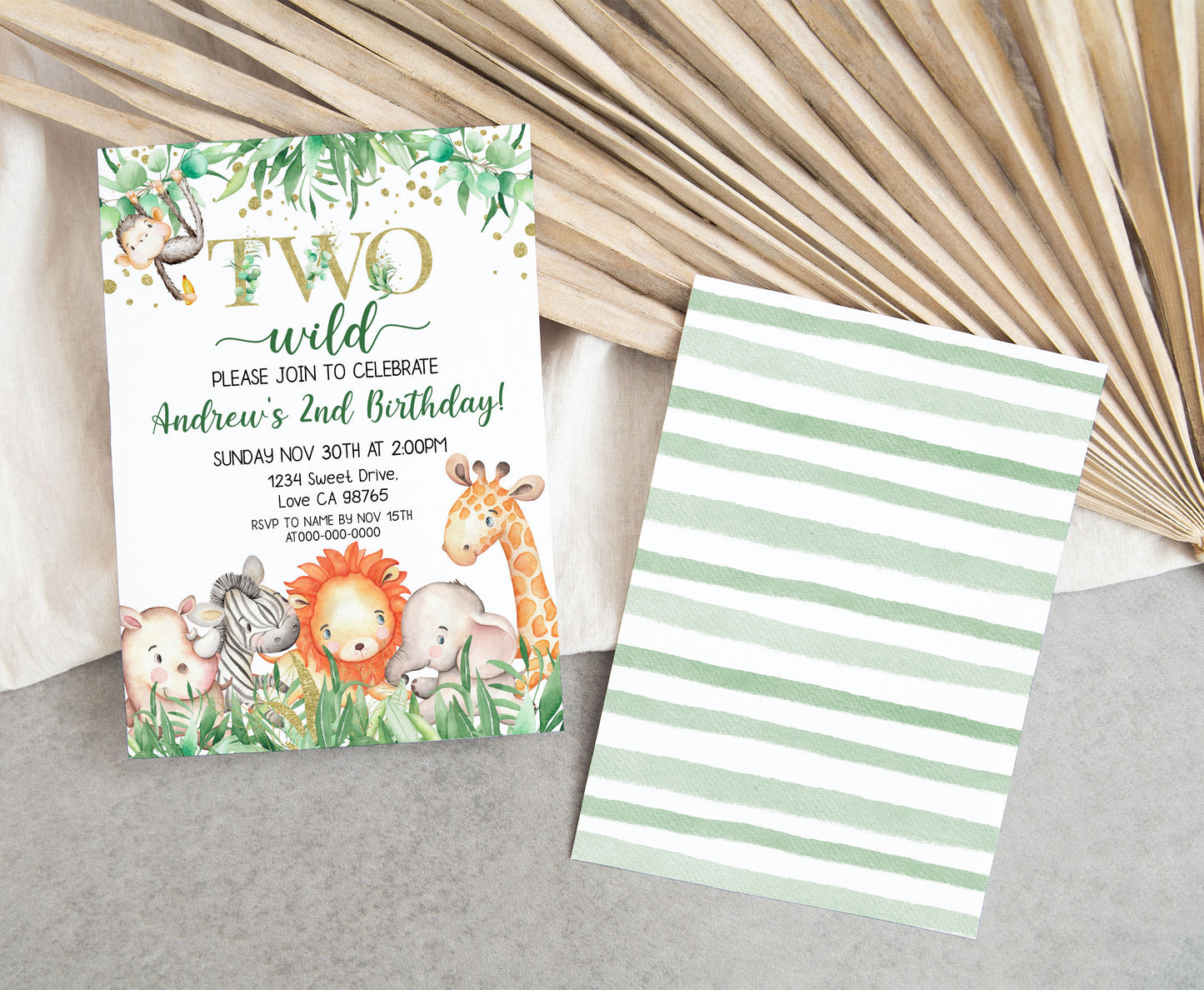 Two Wild safari Birthday Invitation | Editable Jungle Animals Party Invite - 35J