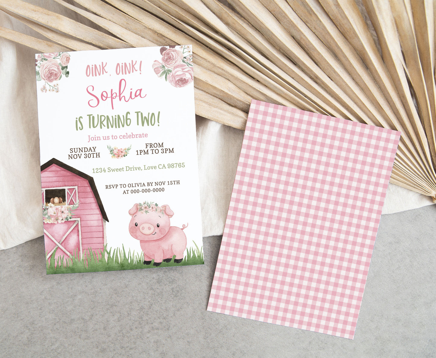 Pig Girl Birthday Invitation | Editable Floral Farm Party Invite - 11A