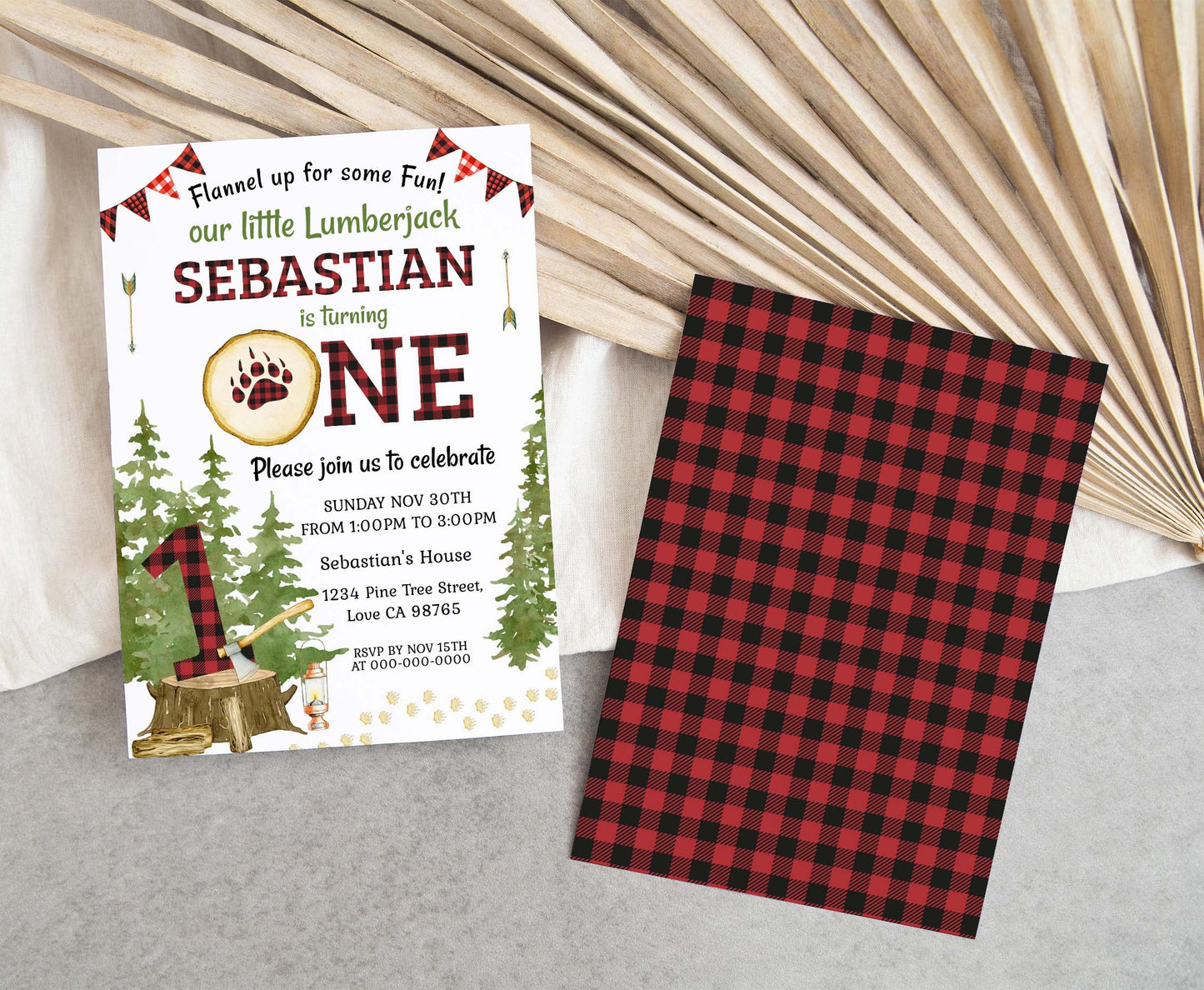 Lumberjack First Birthday Invitation | Editable Buffalo Plaid Invite - 19A