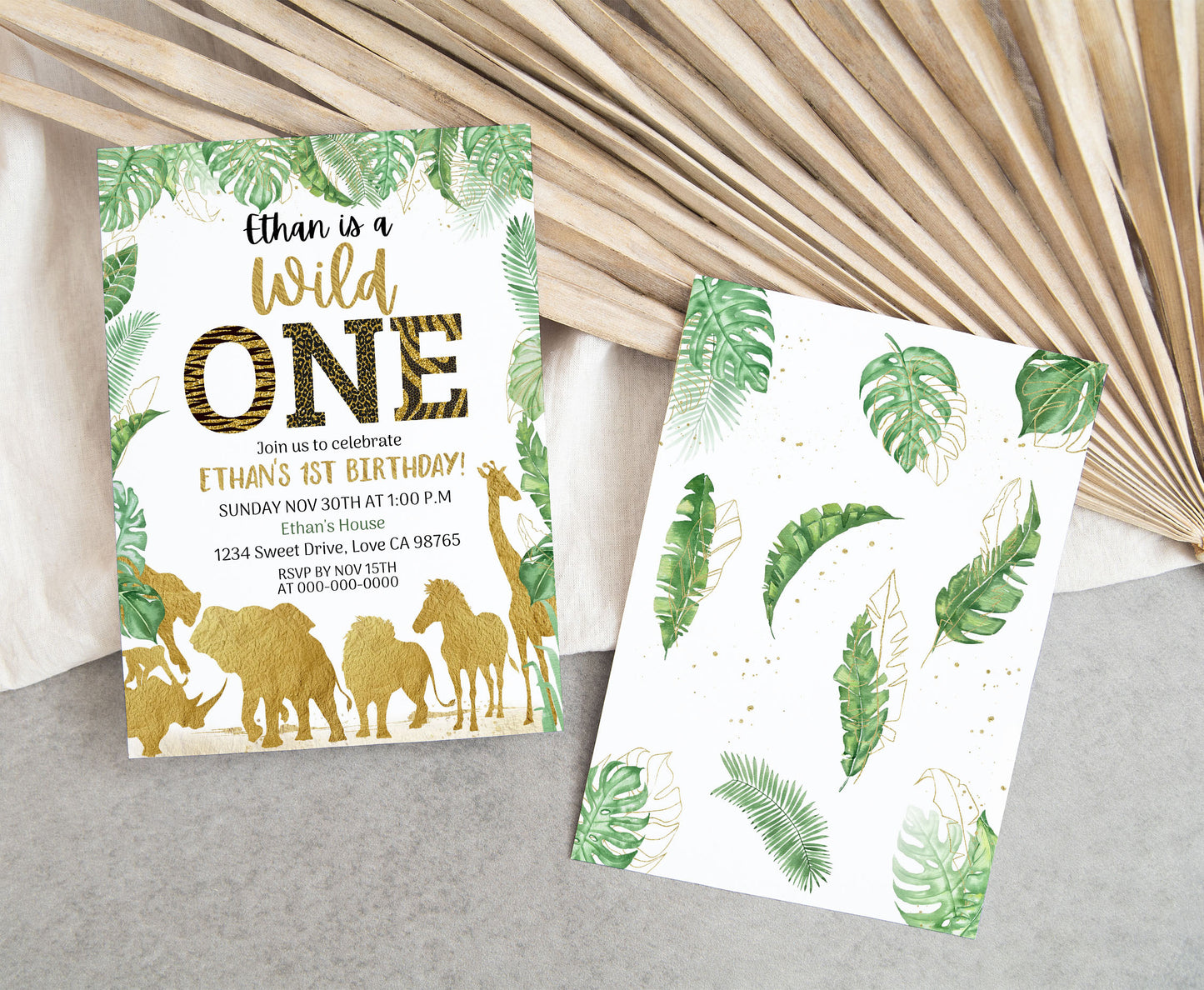 Gold Safari Animals 1st Birthday Invitation | Editable Wild One Birthday Invite - 35K