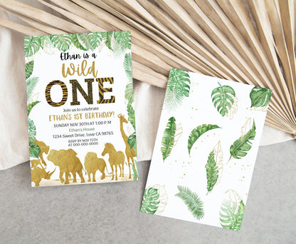 Gold Safari Animals 1st Birthday Invitation | Editable Wild One Birthday Invite - 35K