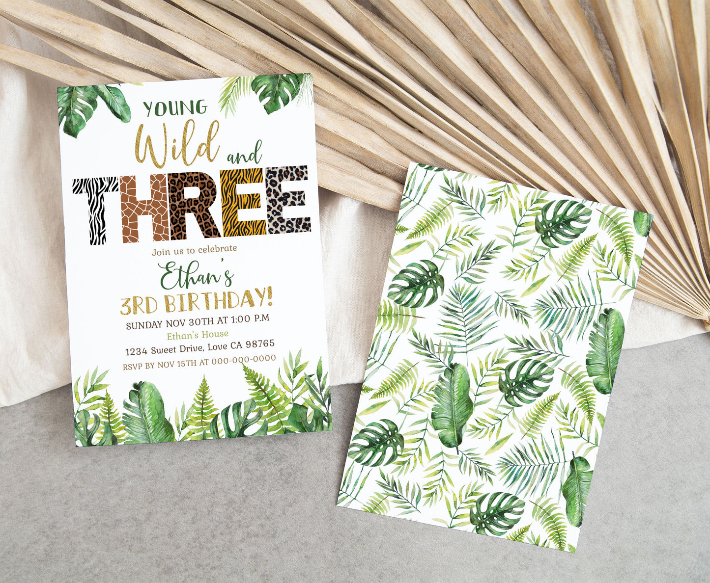 Young Wild And Three Animal Print Invitation | Editable Safari 3rd Birthday Invite - 35H